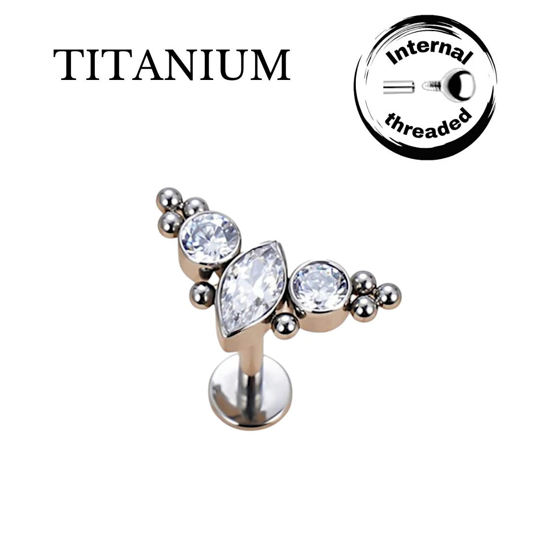 1.2 8mm Titanium Marquise Jewel Ball Cluster Labret Silver