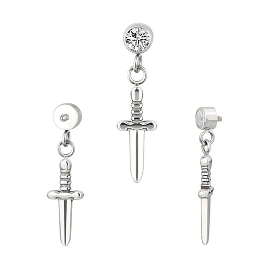 1.2 8mm Titanium Bezel Jewel Dangle Sword Labret Silver