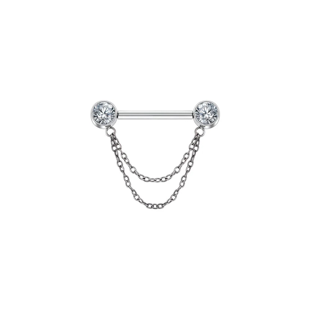 1.6 14mm Titanium 2 Chain Stone Nipple Barbell Silver