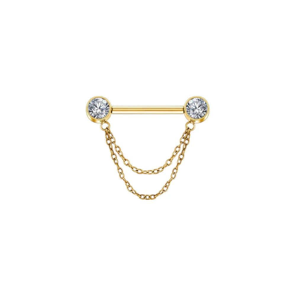 1.6 14mm Titanium 2 Chain Stone Nipple Barbell Gold