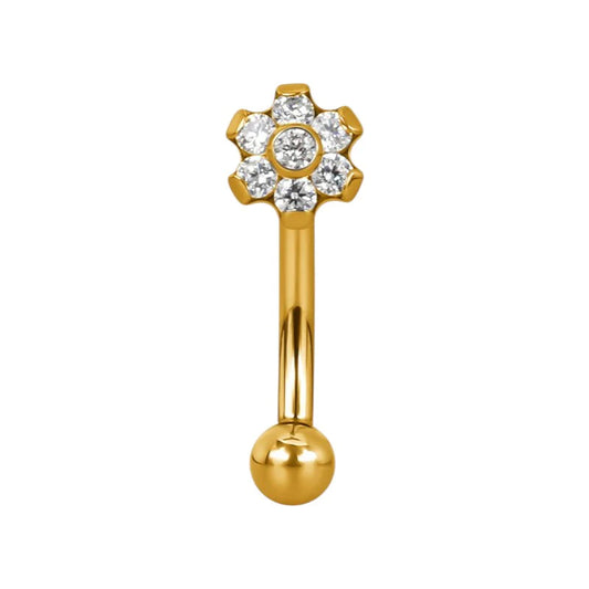 1.2 8mm Titanium Curved Barbell with CZ Flower Gold Coloured