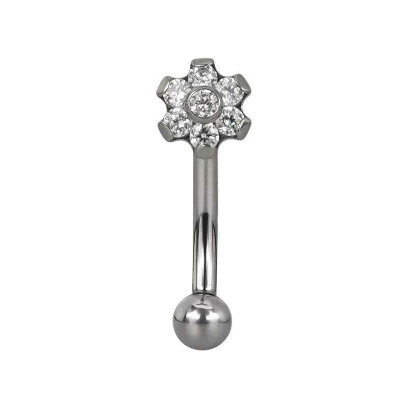 1.2 8mm Titanium Curved Barbell with CZ Flower Silver Coloured