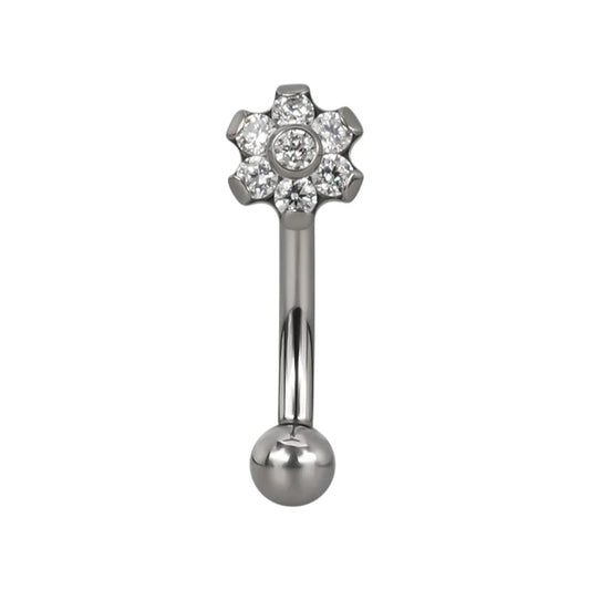 1.2 8mm Titanium Curved Barbell with CZ Flower Silver Coloured