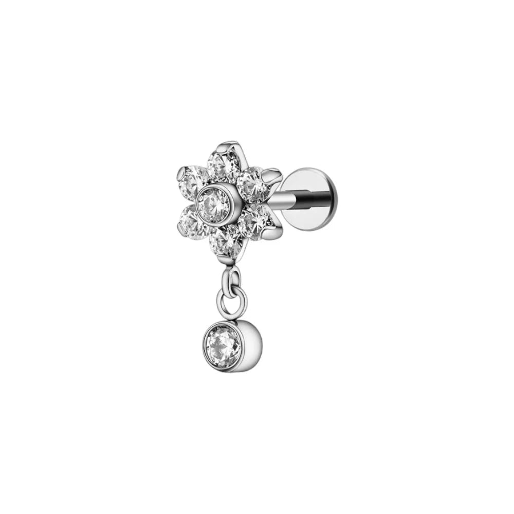 1.2 8mm Titanium Flower Jewel Pendant Labret Silver