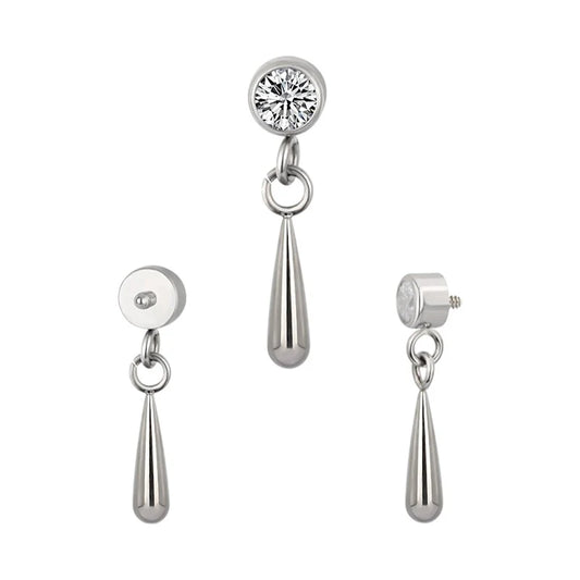 1.2 8mm Titanium Jewel Tear Drop Dangle Labret Silver